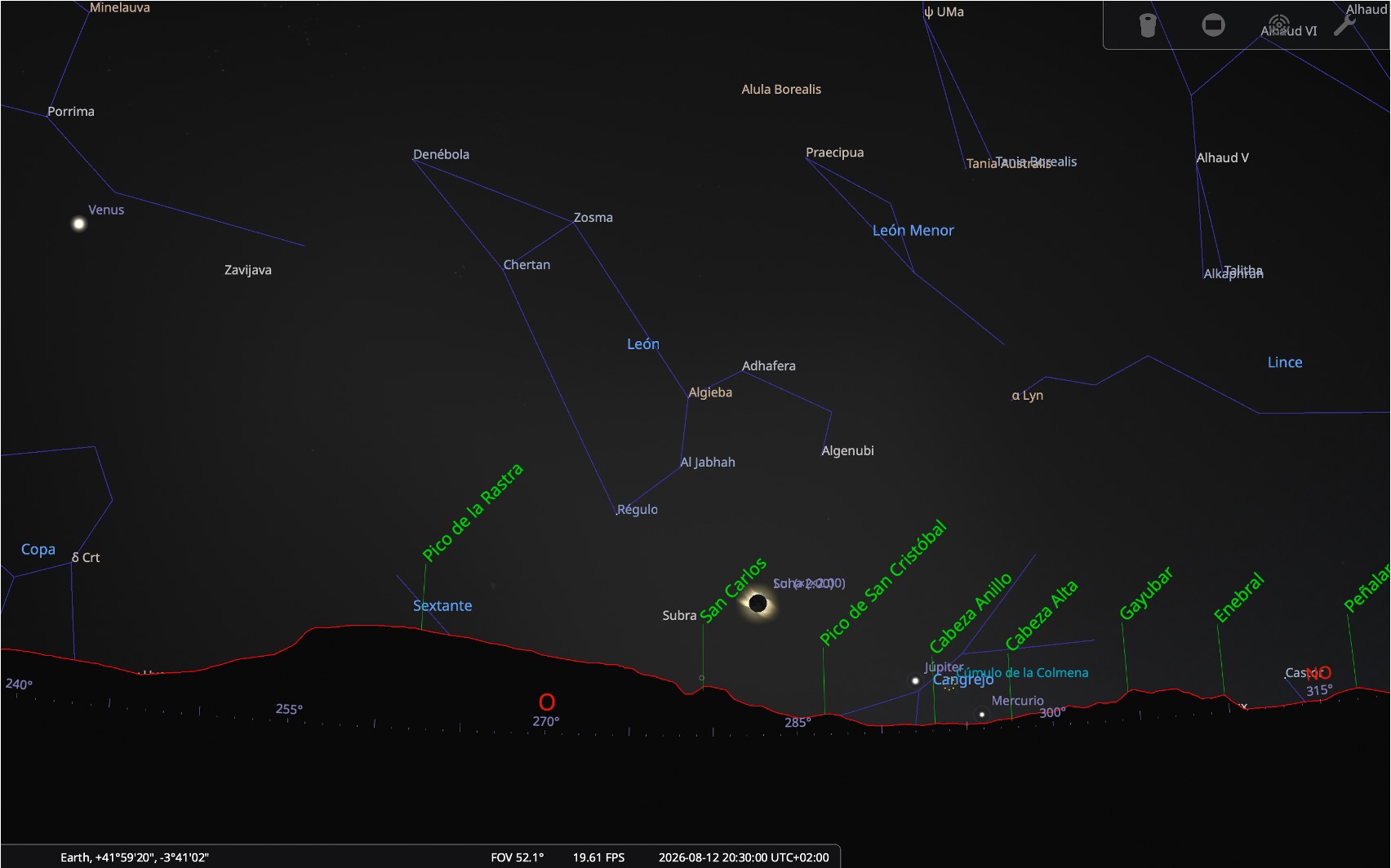 Simulaci&oacute;n del cielo sobre Hacinas durante la totalidad del eclipse
